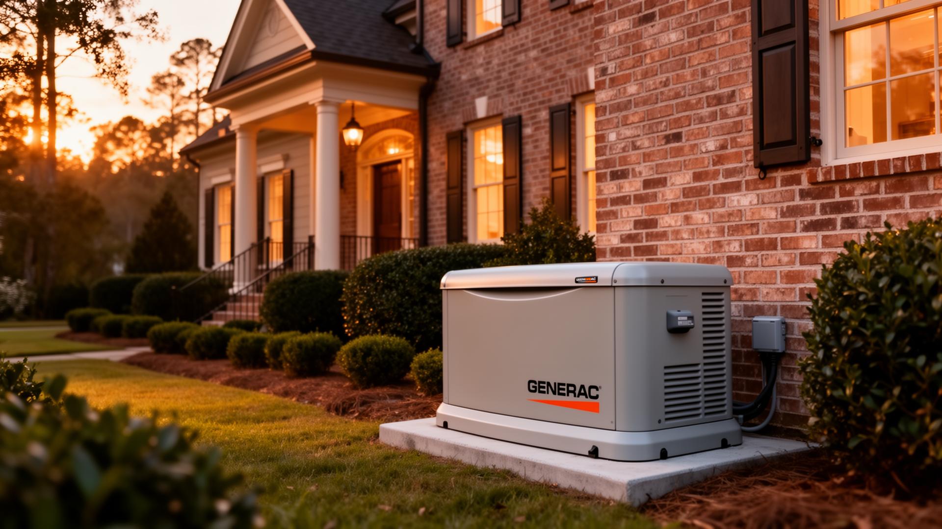 Generac whole-home standby generator installed beside a Carolina home at golden hour